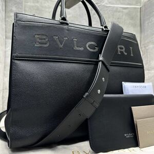 1円■美品/RFID搭載■ ブルガリ BVLGARI メンズ ロゴトート デカロゴ トートバッグ ビジネスバッグ ショルダー レザー 本革 A4◎ 現行品 黒