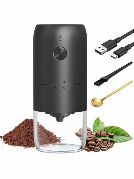 電動コーヒーグラインダー、DERGUAM 充電式コーヒー豆グラインダー、ポータブル小型コーヒーグラインダー、調整可能な粗さ 1800mAh 黒