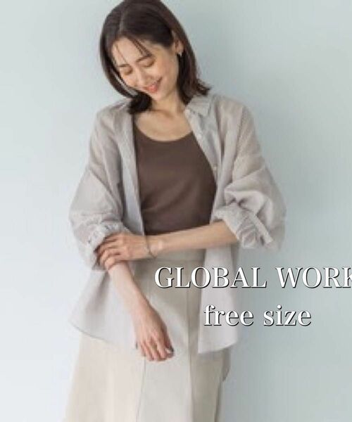 【GLOBAL WORK 】シアーレギュラーカラーシャツブラウンストライプ　freeサイズ