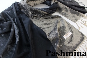 新品【Pashmina パシュミナ】孔雀 フェザー柄ミックス 大判 ストール ブラック系 ベージュ グレー ホワイト Cashmere カシミア100%