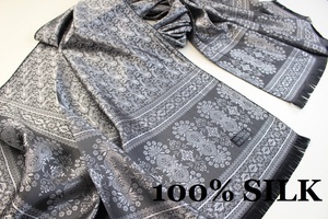 新品【SILK シルク100%】ペイズリー 幾何学柄 大判 ストール/スカーフ ブラック系 シルバー
