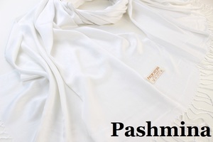 新品 アウトレット【Pashmina パシュミナ】無地 Plain 大判 ストール WHITE 白 ホワイト Cashmere カシミア100%