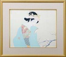 【WISH】上村松園「春芳」工芸画 約10号 証明シール 　　〇美人画巨匠 文化勲章 重文に「序の舞」 #24013088_画像2