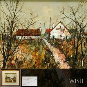 【WISH】サイン有 油彩 3号 1970年作 赤い屋根の家 異国田舎風景 #24013368