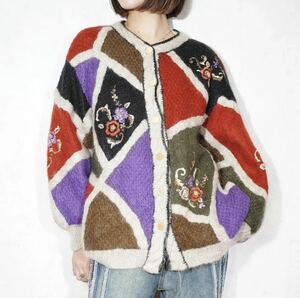 USA VINTAGE PROSPECT EMBROIDERY DESIGN MOHAIR KNIT CARDIGAN/アメリカ古着刺繍デザインモヘアニットカーディガン