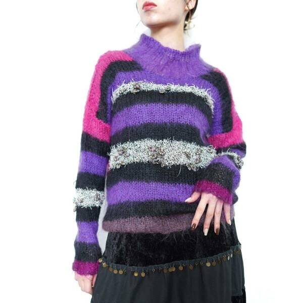 EU VINTAGE BORDER PATTERNED MOHAIR SHAGGY MIX KNIT/ヨーロッパ古着ボーダー柄モヘアシャギーミックスニット