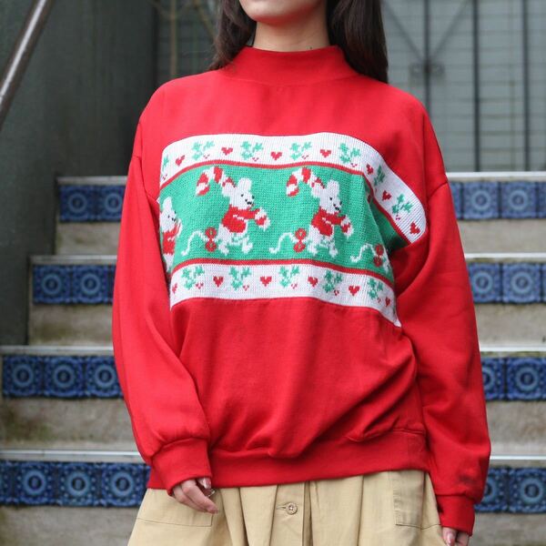 USA VINTAGE STEPPINGSTONES ANIMAL DESIGN KNIT SWITCHED SWEAT SHIRT/アメリカ古着アニマルデザインニット切替スウェット