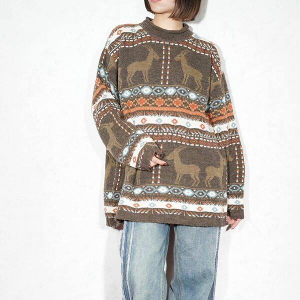 EU VINTAGE ANIMAL DESIGN HIGH NECK OVER KNIT/ヨーロッパ古着アニマルデザインハイネックオーバーニット