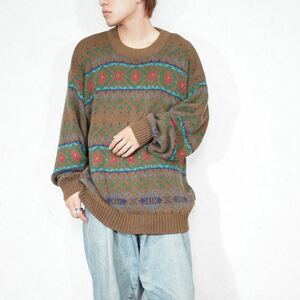 USA VINTAGE EDDIE BOUER PATTERNED DESIGN HEAVY COTTON OVER KNIT/アメリカ古着エディバウアー柄デザインヘビーコットンオーバーニット