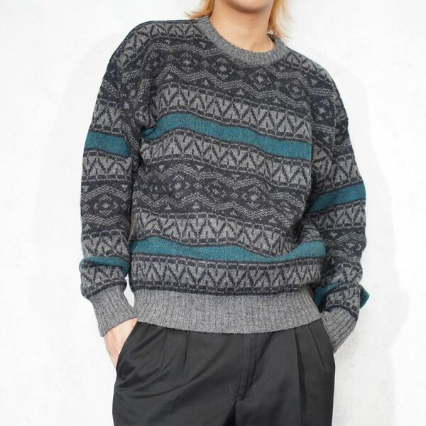 USA VINTAGE CLUB ROOM PATTERNED DESIGN SHETLAND WOOL KNIT/アメリカ古着柄デザインシェットランドウールニット