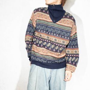 EU VINTAGE MOTTO PATTERNED DESIGH HALF ZIPN HIGH NECK KNIT/ヨーロッパ古着柄デザインハーフジップハイネックニット