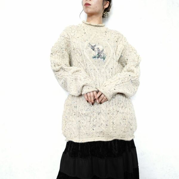 *SPECIAL ITEM* EU VINTAGE west bigblano woollens BIRD EMBROIDERY DESIGN CABLE KNITヨーロッパ古着とりさん刺繍デザインケーブルニット