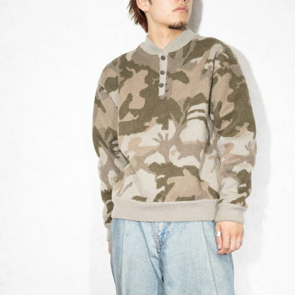 USA VINTAGE CAMOUFLAGE PATTERNED DESIGN HENRY NECK KNIT/アメリカ古着カモフラ柄デザインヘンリーネックニット
