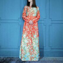 70's USA VINTAGE FLOWER PATTERNED BELTED LONG DRESS ONE PIECE/70年代アメリカ古着花柄ベルテッドロングドレスワンピース_画像1