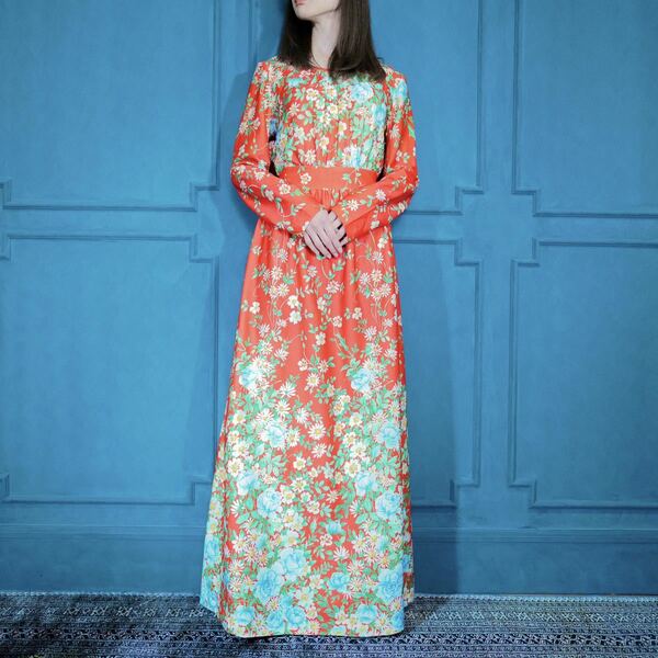 70's USA VINTAGE FLOWER PATTERNED BELTED LONG DRESS ONE PIECE/70年代アメリカ古着花柄ベルテッドロングドレスワンピース