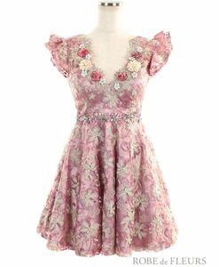 robe de fleurs 3Dフラワーモチーフ×ラメ刺繍レースフレアミニドレスピンク