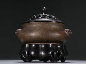 【瓏】古銅鏨刻彫 双獣耳香薰炉 明代 琴書侶款 銅器 古賞物 中国古玩 蔵出
