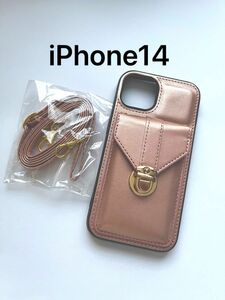 iPhone14シャンパンピンク　カード入れ　ショルダーストラップ　iphone14ケース　新品　送料込み