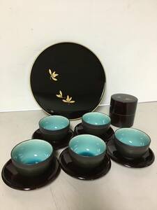 A941　未使用・保管品　茶の間セット　湯呑5客　茶托　茶筒　お盆　F22-168　溜蘭　陶器　合成漆器