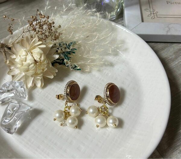 べっ甲＆パールピアス/ハンドメイド