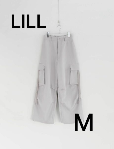 【LILL】ドレープ/シンセティックレザーワイドスラックスカーゴパンツ ワイドパンツ パラシュートパンツ ライトグレー