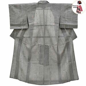 1円 小紋 単衣 正絹 グレー色 洋花文様 身丈149.8cm 小さめ 同梱可 【kimonomtfuji】 3nfuji40541