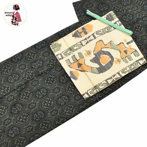 1円 小紋 正絹 袋帯 帯締め 3点セット グレー 亀甲花 同梱可 【kimonomtfuji】 3nfuji43350