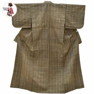 1円 紬 正絹 単衣 茶色 縞文様 身丈157cm つむぎ 着物 同梱可 【kimonomtfuji】 3nfuji43331