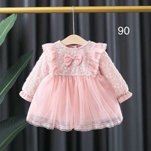 90. girl One-piece long sleeve One-piece baby dress go in . type presentation wedding . birthday festival .2 -years old 3 -years old ko-te ribbon attaching dress tunic One-piece 