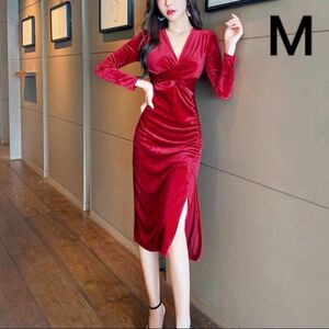 セクシー ランジェリー パーティードレス 赤 ベロア カップル ナイトドレス キャバドレス 長袖 サイドスリット 赤ドレス M