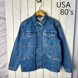 USA古着 80s 比翼デニムジャケット カバーオール L～XL オールド ヴィンテージ アメリカ古着 色落ち 厚手 ●65