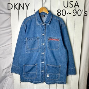 USA 80s～90s DKNY jeans デニムカバーオール L～XL ライトオンス オールド ヴィンテージ アメリカ古着 大きめ ユニセックス ワーク ●67