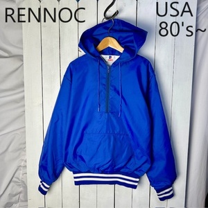 USA古着 80s～ USA製 RENNOC ナイロンプルオーバーパーカー 36-38 青 オールド ヴィンテージ ハーフジップ アノラック S～M ●156