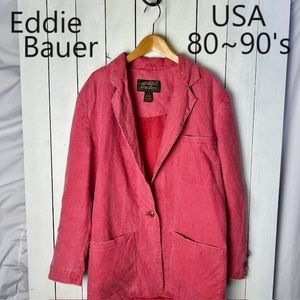 USA古着 80s～ Eddie Bauer 1Bリネンジャケット M～L程度 フェード赤 黒タグ オールド ヴィンテージ エディーバウアー 麻 春夏●166