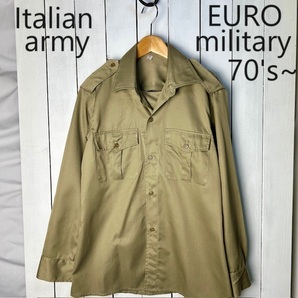 イタリア軍実物 70s～ チノシャツ イタリアンアーミー 15 1/2 C ミリタリーシャツ ユーロ ヨーロッパ オールド ヴィンテージ 長袖 S ●92