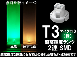 ■T3 (マイクロS) 超高輝度2連SMD‐LED球　緑　グリーン　エアコン/スイッチ/パネル照明