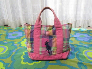 POLO RALPH LAUREN ポロ ラルフローレン チェック パッチワーク バッグ 32cm USED