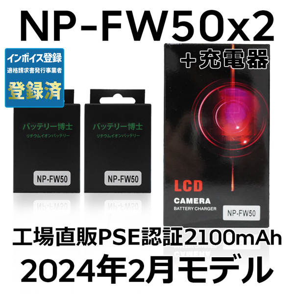 PSE認証2024年2月モデル NP-FW50 2個 + USB急速充電器 ミラーレス α5000 α5100 α6000 α6100 α6400 α7S II DSC SLT NEX