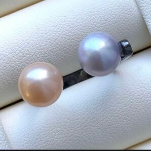 本真珠　淡水エジソンパール　ダブルリング銀製（ブラックロジウム仕上げ） 指輪 天然パールリング 越物