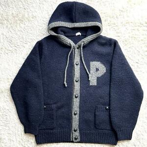 PAPAS ★希少 L～XL相当★ カウチン カーディガン くるみボタン パパス ニット フーテッド HAND KNIT フード 紺 ネイビー メンズ