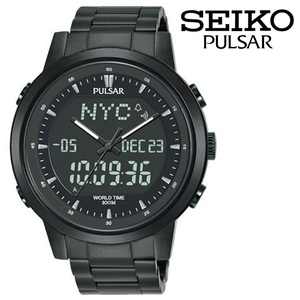 SEIKO PULSAR World Time Watch セイコー パルサー デジアナ アナデジ デジタル アナログ クロノグラフ ワールドタイム 100m防水 腕時計 黒