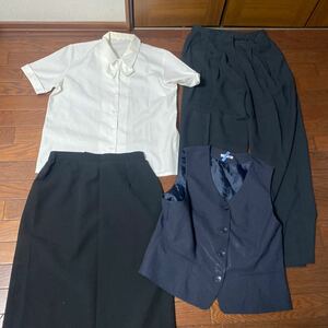 【17号】中古OL制服ベスト、スカート、白の半袖リボンブラウス、パンツ