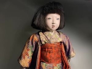 G15 京都買取品 時代 市松人形 女の子 縮緬着物 ガラス目 アンティーク 大正昭和(検索：日本人形 少女人形 着物人形 古美術 