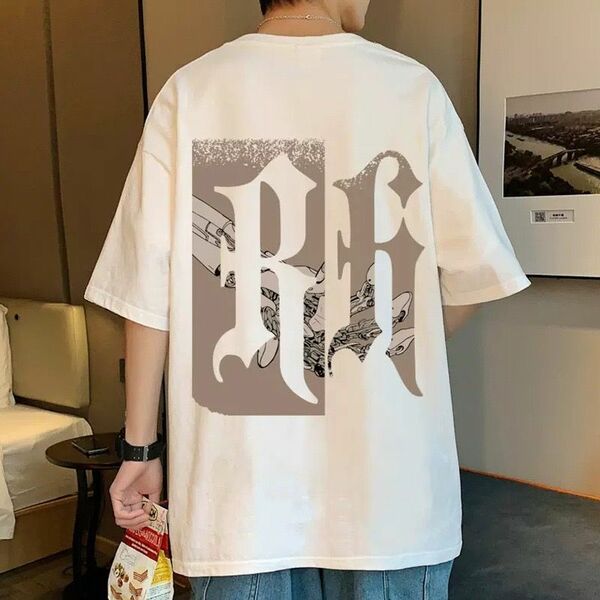 メンズ　Ｔシャツ　２ＸＬ　白　ビッグロゴ　オーバーサイズ　五分袖　ヒップホップ