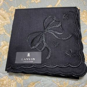 LANVIN ランバン ハンカチ リボン刺繍 スカラップ 黒ブラック 礼装 未使用A