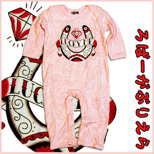 ベビー服【ロンパース】LUCKY ME ピンク【3～6ヶ月】シックスバニーズ 女の子 タトゥー柄 アメカジ 出産祝い アメリカン ロック 赤ちゃん