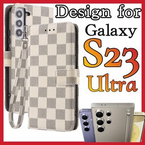 SamSung Galaxy S23Ultraケース 手帳型 白色 PUレザー チェック柄 お洒落 高級デザイン 耐衝撃 
