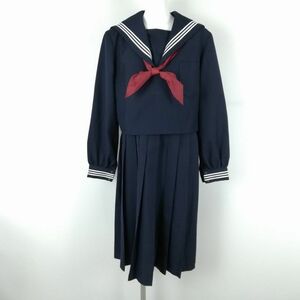 1円 セーラー服 ジャンパースカート スカーフ 上下3点セット 大きいサイズ 冬物 白3本線 女子 学生服 熊本人吉高校 紺 中古 ランクC EY2144