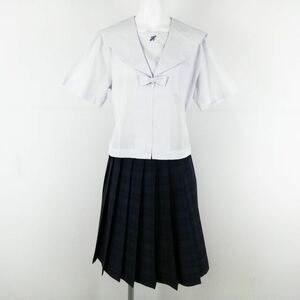 1円 セーラー服 チェックスカート リボン 上下3点セット 大きいサイズ 夏物 女子 学生服 大分挾間中学 白 制服 中古 ランクC EY2297