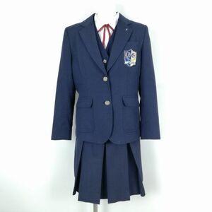 1円 ブレザー ベスト スカート 紐タイ 上下5点セット 指定 M 冬物 女子 学生服 神奈川平塚学園高校 紺 制服 中古 ランクC EY2410